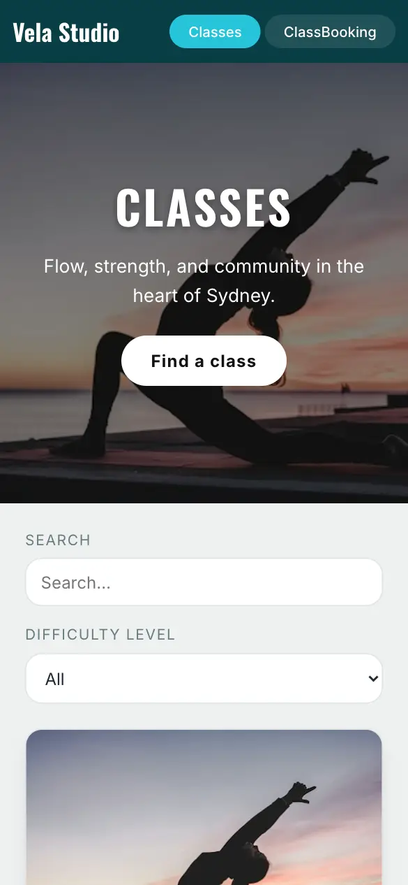 Vela Studio, a yoga class booking app made with Beetler