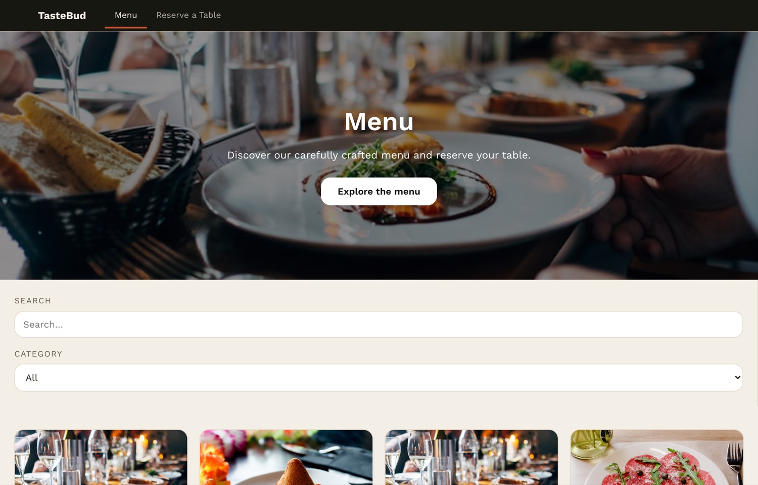 The finished TasteBud menu: an ink header with a terracotta accent, a photographic hero reading Menu with an Explore the menu button, a cream search and category section, and dish cards with real food photography and pound prices.