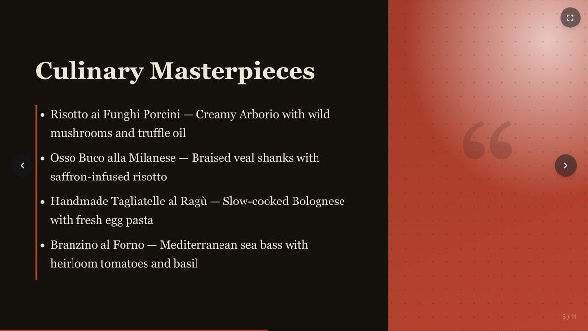 TasteBud deck slide 5, Culinary Masterpieces: a terracotta serif heading and a bulleted list of signature dishes on the espresso left panel, with the terracotta quote panel on the right.