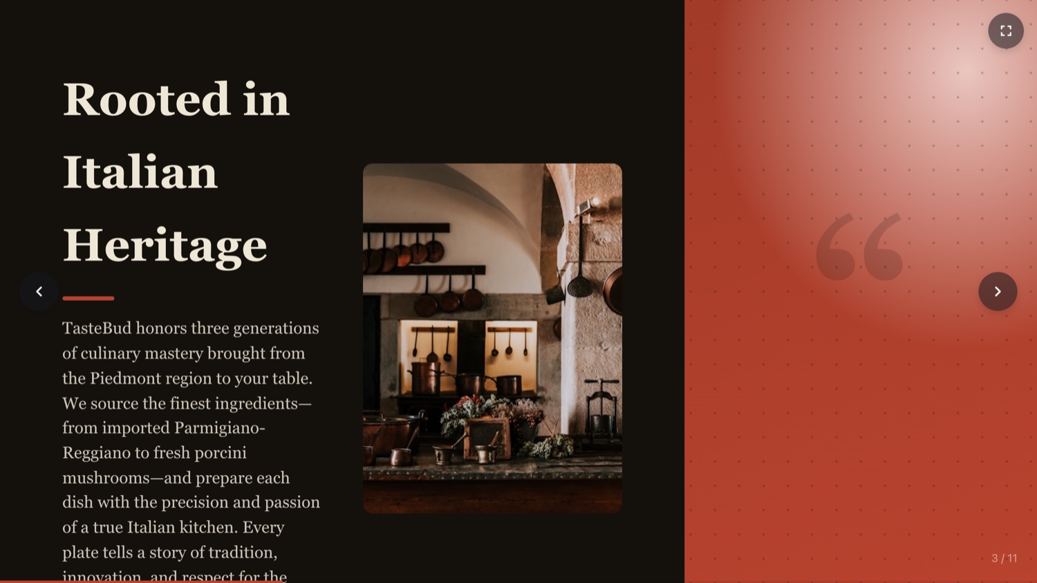 TasteBud deck slide 3, Rooted in Italian Heritage: a terracotta serif heading and body copy on the left, a photograph of an Italian kitchen in the centre, and the terracotta quote panel on the right.
