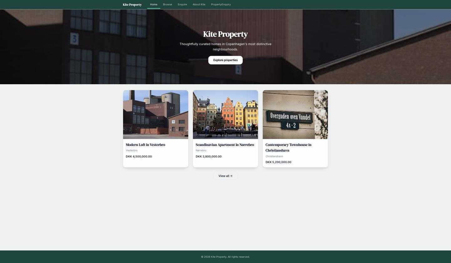 The finished Kite Property home page: a spruce header, a photographic hero reading Kite Property, and three featured Copenhagen homes with kroner prices.