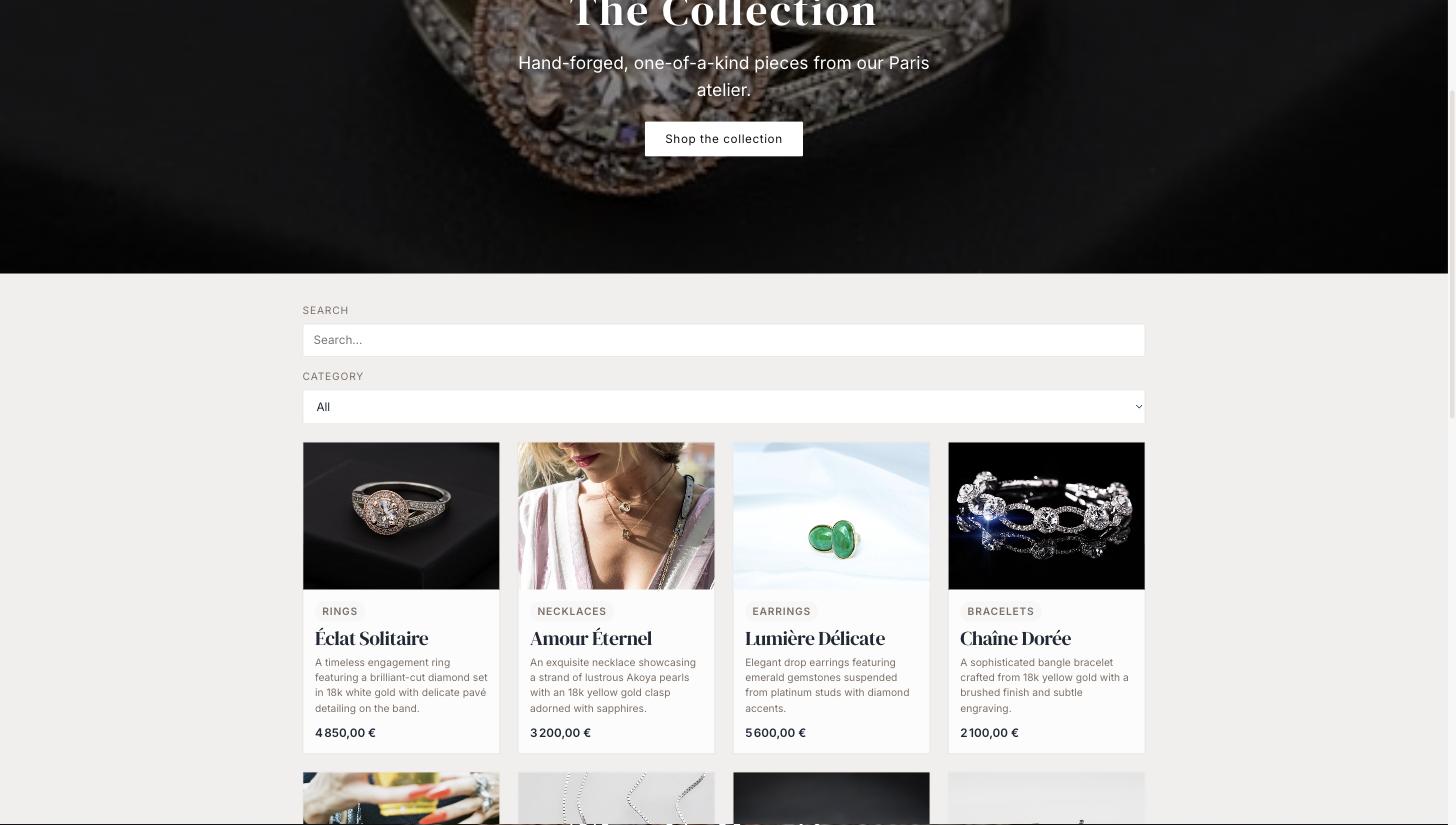 The finished Maison Aurele collection: a full-bleed hero of a diamond ring on black velvet over a full-width filter band, and a four-up gallery of pieces with real jewellery photography, French names and euro prices.