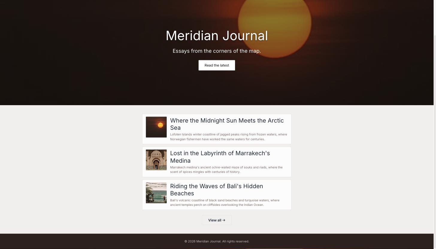 The finished Meridian Journal home page: a centered column of featured essays, each with a real cover photograph, a headline, a standfirst and its writer and place.